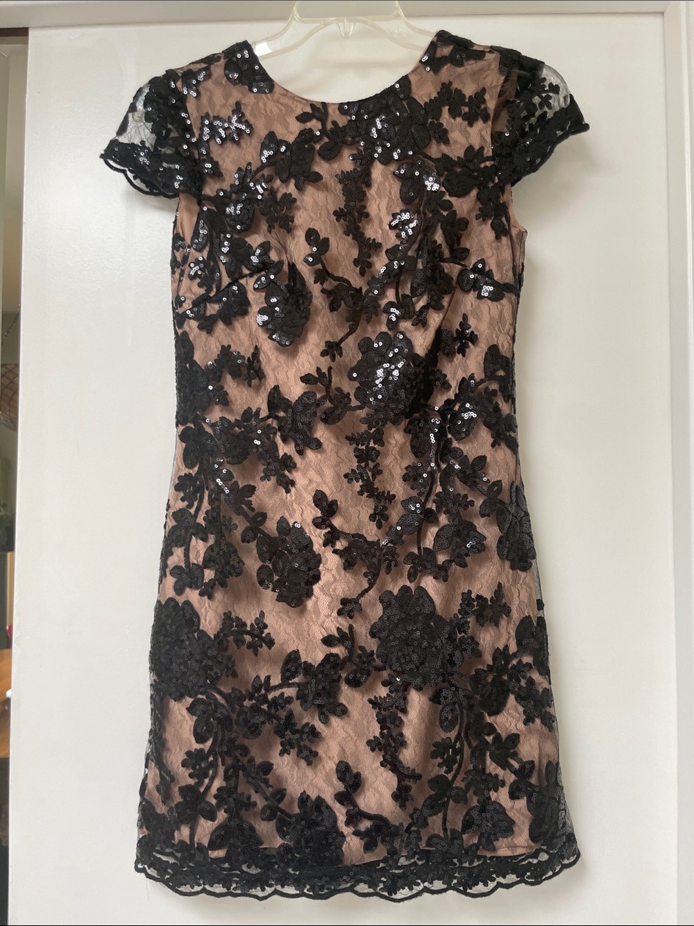 Dress the Population Black Lace Overlay Mini Dress with Nude Underlay